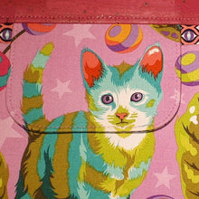 Cat's Meow Sling Bag, close up of front flap & pocket featuring fussy cut kitten print, by just.a.tad accessories, sold by Gems from Paradise.