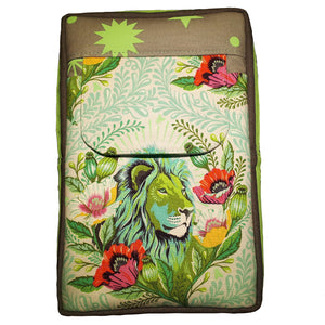 Leo Sling Bag, front view of whimsical lion print, exterior pocket with flap, by just.a.tad accessories, sold by Gems from Paradise.