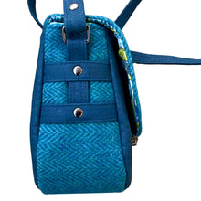 Spring Forward Saddle Bag, side gusset with cork strap accents on the Harris Tweed, by just.a.tad accessories, sold by Gems from Paradise.