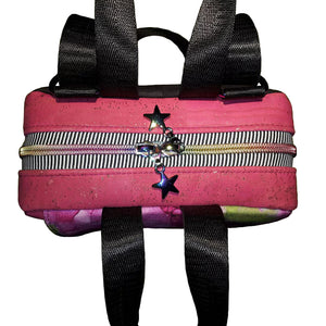 Pretty in Pink Small Backpack, bird's eye view of top of bag with striped zipper and pink cork gussets, by just.a.tad accessories, sold by Gems from Paradise.