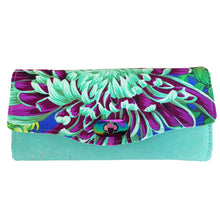 Clutch Wallet Wristlet, seafoam green cork & Kaffe Fassett chrysanthemum print, by just.a.tad accessories, sold by Gems from Paradise.