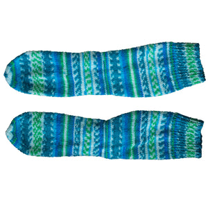 Ocean Wave Socks in aquas, blues and greens (flat-lay) Socks by Sandy Designs, sold by Gems from Paradise