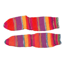 Summer Carnival Socks with thick stripes of orange, purple, yellow with thinner stripes of green and speckled blue, the flatlay look, by Socks by Sandy, sold by Gems from Paradise
