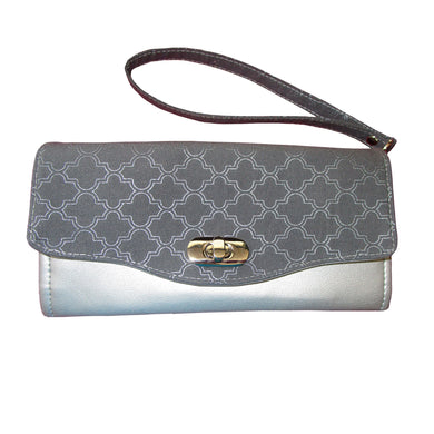 Clutch Wallet in grey & silver quatrefoil print and silver vinyl & wristlet strap, by just.a.tad accessories, sold by Gems from Paradise.