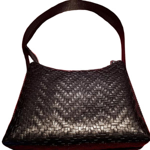 LBB with black basket-weave faux leather, exterior front view, by just.a.tad accessories, sold by Gems from Paradise.