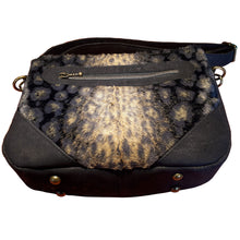 Front and bottom view of Wild Thing Crossbody Bag with faux fur leopard print, cork and zipper pocket, bag by just.a.tad accessories, sold by Gems from Paradise.