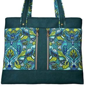 Blue Owl Tote Bag in Teal Faux Leather and Owl print, made by just.a.tad accessories.