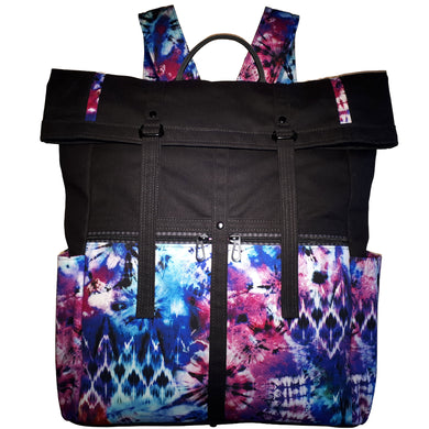 Black waxed canvas backpack with tie-dye front pockets and straps, by just.a.tad accessories, sold by Gems from Paradise.