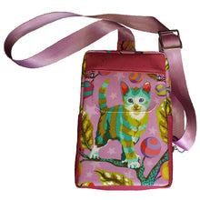 Cat's Meow Sling Bag, front view of whimsical kitten print, exterior pocket with flap, by just.a.tad accessories, sold by Gems from Paradise.
