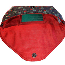Clutch handbag, red silk interior lining with small slip pocket and 3 card slots in green silk, by just.a.tad accessories, sold by Gems from Paradise.