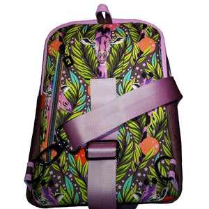 Giraffe Sling bag, back of bag in purples and pinks, with seatbelt webbing strap, by just.a.tad accessories, sold by Gems from Paradise.