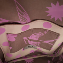 Giraffe Sling bag, interior of bag with purple and mauve prints, by just.a.tad accessories, sold by Gems from Paradise.