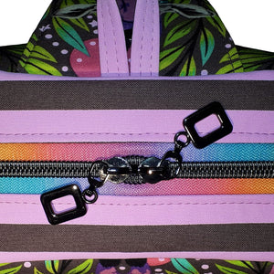 Giraffe Sling bag, top view of zipper closure with purple striped fabric and rainbow zipper, by just.a.tad accessories, sold by Gems from Paradise.