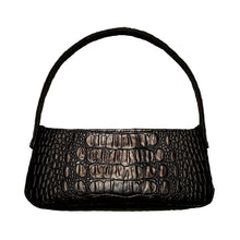 Tiny handbag, front view of bag in black faux crocodile, by just.a.tad accessories, sold by Gems from Paradise.