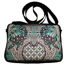 Dino Dual Zip CB Bag, front view with hidden zipper pocket in mint, black & cream raptor print, by just.a.tad accessories, sold by Gems from Paradise.