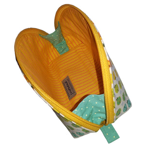 Dumpling-shaped Zip Pouch side and interior view featuring bright yellow mini pinstripe, by just.a.tad accessories, sold by Gems from Paradise.