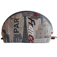 Dumpling-shaped Zip Pouch front view of Paris landmarks on taupe background, by just.a.tad accessories, sold by Gems from Paradise.