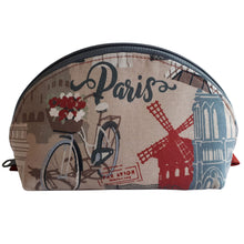 Dumpling-shaped Zip Pouch front view of Paris landmarks on taupe background, by just.a.tad accessories, sold by Gems from Paradise.