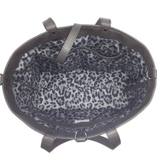 Dark grey quilted tote bag, with leopard print lining, made by just.a.tad accessories.