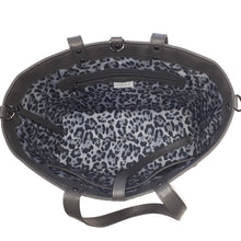 Dark grey quilted tote bag, with leopard print lining, made by just.a.tad accessories.