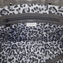Dark grey quilted tote bag, with leopard print lining, made by just.a.tad accessories.