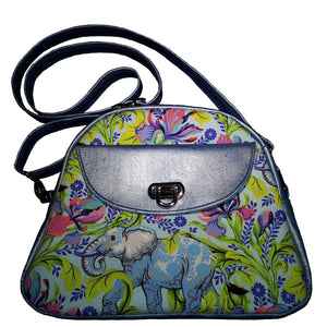 Blue Elephant Bowler Bag, front view with flap and slip pocket by just.a.tad accessories, sold by Gems from Paradise.