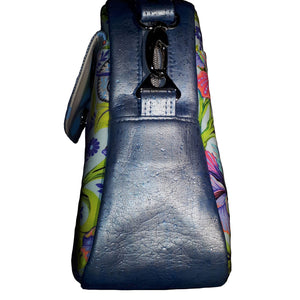 Blue Elephant Bowler Bag, side view of gusset and strap connector, by just.a.tad accessories, sold by Gems from Paradise.