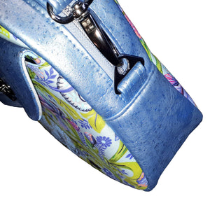 Blue Elephant Bowler Bag, side view of cork gusset, by just.a.tad accessories, sold by Gems from Paradise.