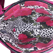 Honeysuckle Rose Crossbody Bag, main zipper compartment in animal print with large pink roses, by just.a.tad accessories, sold by Gems from Paradise.