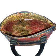 Bag interior in batik-like multicoloured print, by just.a.tad accessories, sold by Gems from Paradise.
