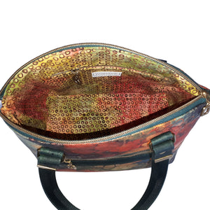Bag interior in batik-like multicoloured print, by just.a.tad accessories, sold by Gems from Paradise.