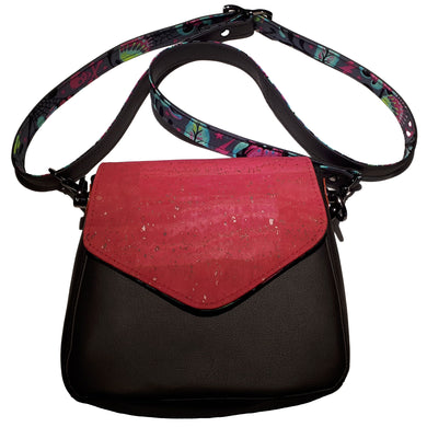 Mini Crossbody Bag, front view with pink cork flap, charcoal grey faux leather, by just.a.tad accessories, sold by Gems from Paradise.