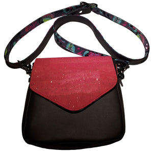 Mini Crossbody Bag, front view with pink cork flap, charcoal grey faux leather, by just.a.tad accessories, sold by Gems from Paradise.