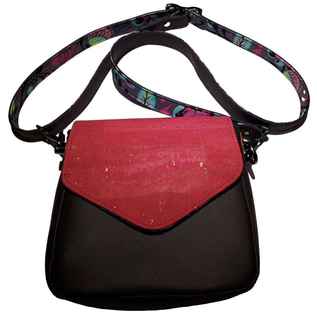 Mini Crossbody Bag, front view with pink cork flap, charcoal grey faux leather, by just.a.tad accessories, sold by Gems from Paradise.