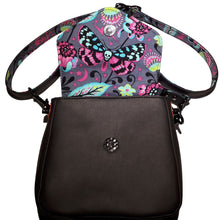 Mini Crossbody Bag, front view flap lining with spooky moth, by just.a.tad accessories, sold by Gems from Paradise.