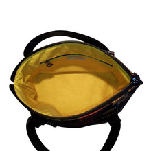 Retro 80s Domed handbag interior with zipper pocket, bright yellow premium cotton print, by just.a.tad accessories, sold by Gems from Paradise.