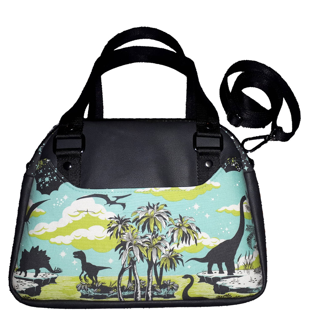 Dino Bowler Bag, front view with slip pocket in Tula Pink's Meteor Shower print, by just.a.tad accessories, sold by Gems from Paradise.