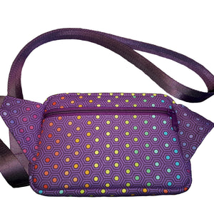 Purple Hexy Waist Pouch, back view with zipper pocket, by just.a.tad accessories.