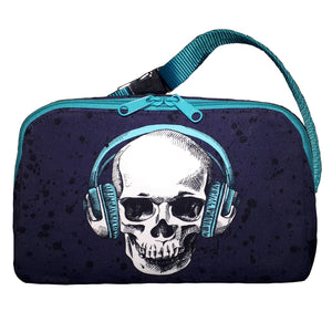 Stereo Head Waist Pouch/Sling, front view of skull with headphones fabric, and zipper closure, by just.a.tad accessories, sold by Gems from Paradise.