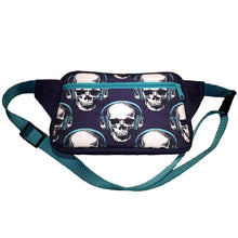 Stereo Head Waist Pouch/Sling, back of pouch, with zipper pocket and skull with headphones fabric, by just.a.tad accessories, sold by Gems from Paradise.