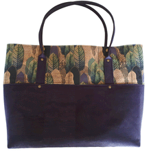Into the Woods Cork Tote Bag, front view of leaf cork print, dark purple cork and rolled handles, by just.a.tad accessories, sold by Gems from Paradise.