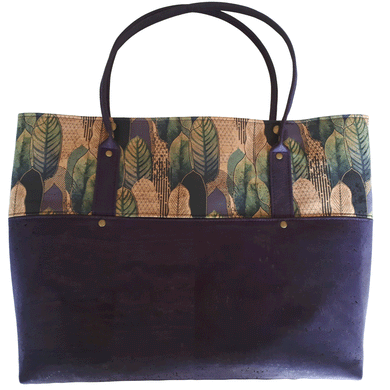 Into the Woods Cork Tote Bag, front view of leaf cork print, dark purple cork and rolled handles, by just.a.tad accessories, sold by Gems from Paradise.