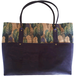 Into the Woods Cork Tote Bag, front view of leaf cork print, dark purple cork and rolled handles, by just.a.tad accessories, sold by Gems from Paradise.