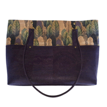 Into the Woods Cork Tote Bag, back view of leaf cork print, dark purple cork and rolled handles, by just.a.tad accessories, sold by Gems from Paradise.