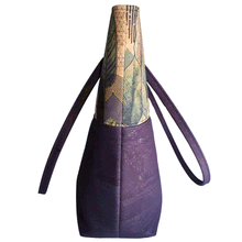 Into the Woods Cork Tote Bag, side view, leaf cork print, dark purple cork and rolled handles, by just.a.tad accessories, sold by Gems from Paradise.