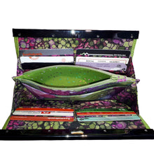 Wallet Clutch interior featuring colourful fabrics in fuchsias and greens, by just.a.tad accessories, sold by Gems from Paradise.