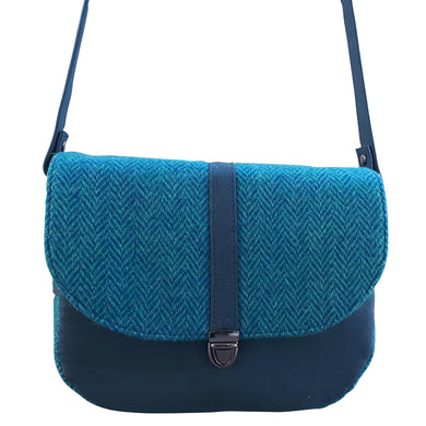 Spring Forward Saddle Bag in luxurious Harris Tweed & Cork in greeny blues and teal, by just.a.tad accessories, sold by Gems from Paradise.