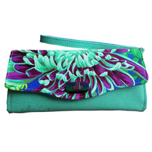Clutch Wallet in seafoam green cork & vibrant Kaffe Fassett prints, & wristlet strap, by just.a.tad accessories, sold by Gems from Paradise.