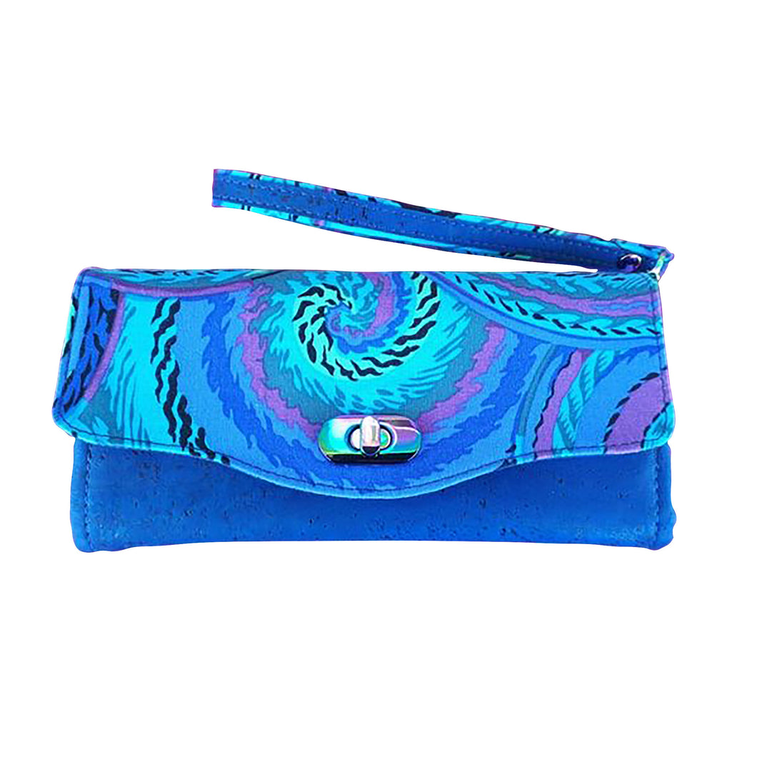 Clutch Wallet in blue cork & vibrant Kaffe Fassett prints, & wristlet strap, by just.a.tad accessories, sold by Gems from Paradise.