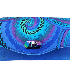 Clutch Wallet Wristlet, blue cork & Kaffe Fassett "curly baskets" print, by just.a.tad accessories, sold by Gems from Paradise.
